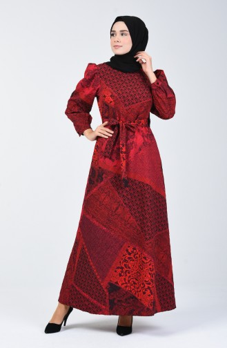 Kabartma Desenli Kuşaklı Elbise 60096-01 Kırmızı