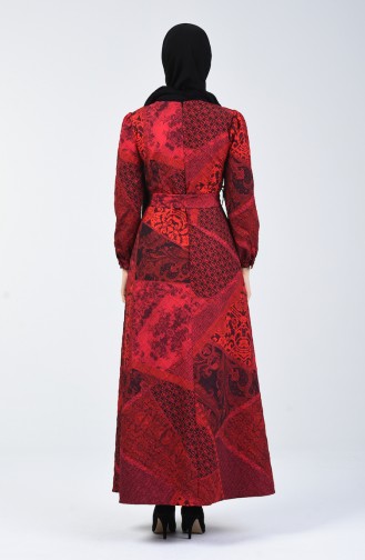 Kabartma Desenli Kuşaklı Elbise 60096-01 Kırmızı