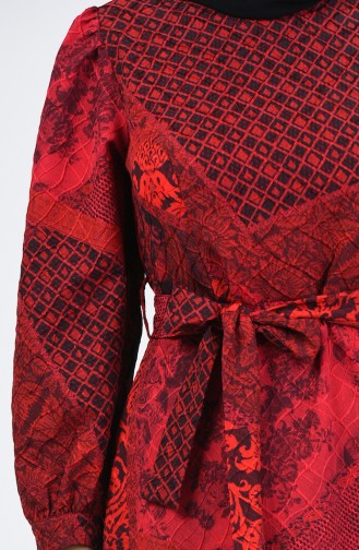 Kabartma Desenli Kuşaklı Elbise 60096-01 Kırmızı 60096-01