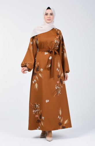 Kolu Lastikli Kuşaklı Elbise 60097-01 Hardal