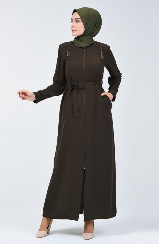  Abaya Ceinturée à Franges 5041-01 Khaki 5041-01