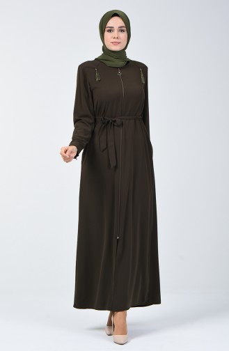  Abaya Ceinturée à Franges 5041-01 Khaki 5041-01