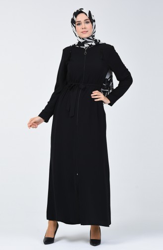 Abaya Ceinturée à Franges 5041-02 Noir 5041-02