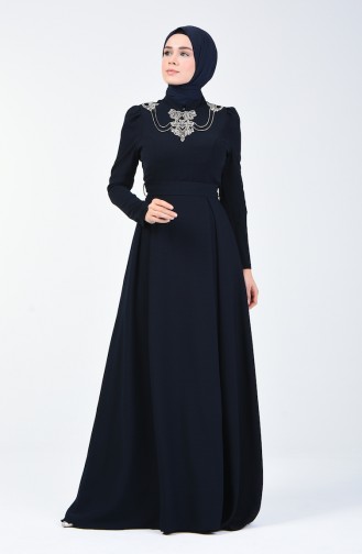 Navy Blue İslamitische Avondjurk 7060-01