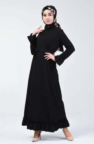 Büzgülü Kuşaklı Elbise 0031-03 Siyah