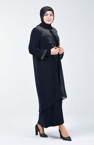 Robe de Soirée İmprimée Pierre Grande Taille 3151-02 Bleu Marine 3151-02