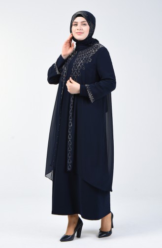 Robe de Soirée İmprimée Pierre Grande Taille 3151-02 Bleu Marine 3151-02