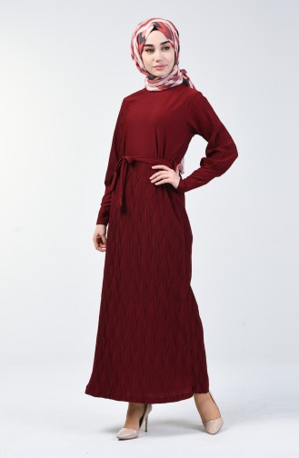 Kuşaklı Piliseli Elbise 4400-01 Bordo