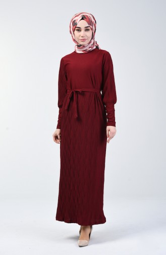 Kuşaklı Piliseli Elbise 4400-01 Bordo