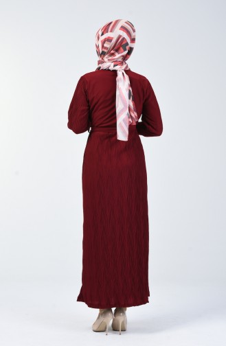 Kuşaklı Piliseli Elbise 4400-01 Bordo