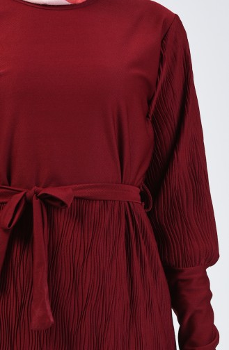 Kuşaklı Piliseli Elbise 4400-01 Bordo