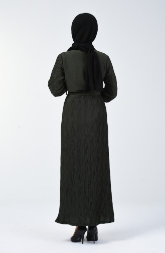 Kuşaklı Piliseli Elbise 4400-02 Koyu Yeşil