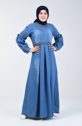 Büyük Beden Nakışlı Kot Elbise 5065-01 Kot Mavi