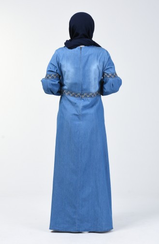 Büyük Beden Nakışlı Kot Elbise 5065-01 Kot Mavi