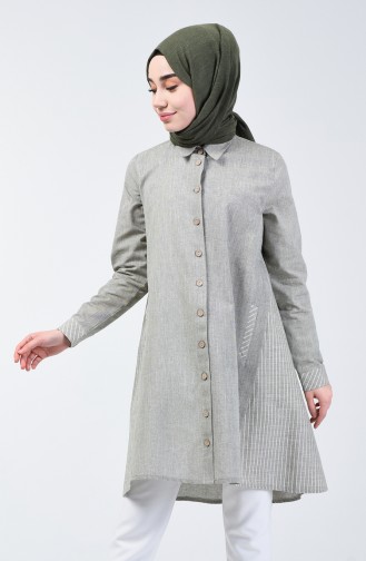 Çizgili Keten Tunik 30037-01 Haki