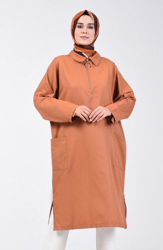 Fermuarlı Oversize Tunik 1304-01 Soğan Kabuğu