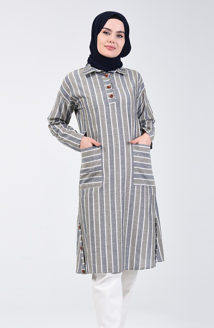 Çizgili Keten Tunik 4000A-01 Haki