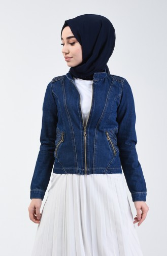 Kurze Jeans Jacke mit Reissverschluss 6084-01 Dunkelblau 6084-01