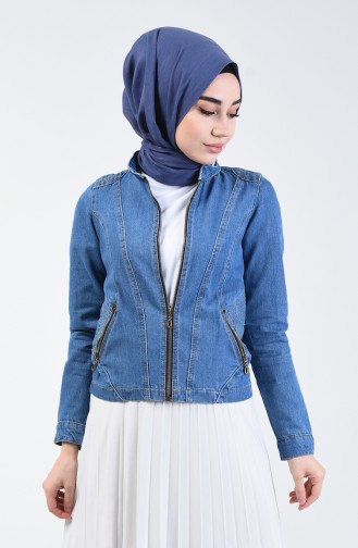 Kurze Jeans Jacke mit Reissverschluss 6084-02 Jeans Blau 6084-02