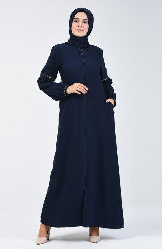 Abaya Brodée à Manches Ballon 5015-04 Bleu Marine 5015-04