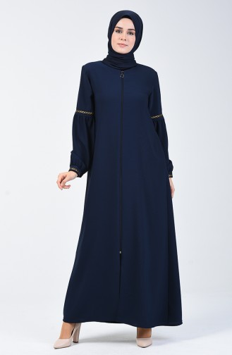 Abaya Brodée à Manches Ballon 5015-04 Bleu Marine 5015-04