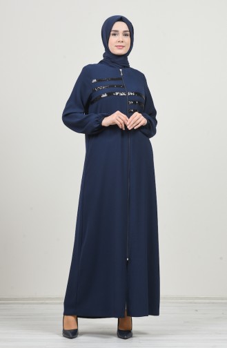 Sleeve Elastic Sequin Abaya Navy Blue 8149-02