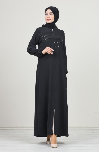 Abaya à Paillettes Manche Élastique 8149-01 Noir 8149-01