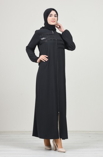 Abaya à Paillettes Manche Élastique 8149-01 Noir 8149-01