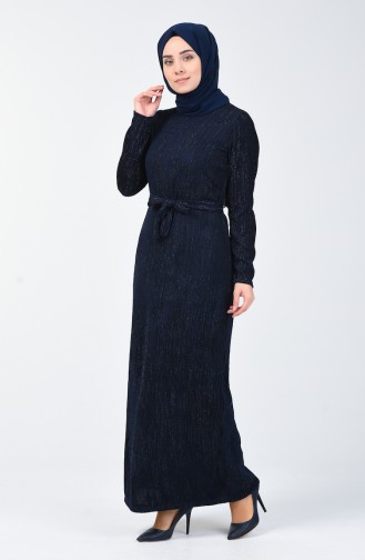 Glittery Belted Dress 0030-04 Navy Blue 0030-04