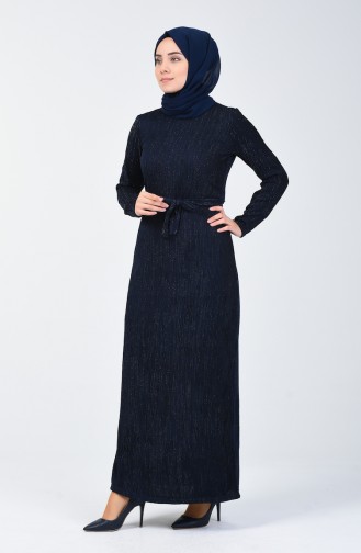 Glittery Belted Dress 0030-04 Navy Blue 0030-04