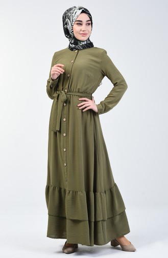 فستان طويل بأزرار قماش آيروبين كاكي 0067-02