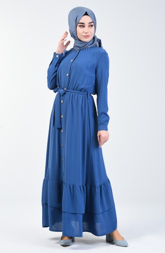 فستان طويل بأزرار قماش آيروبين نيلي 0067-04