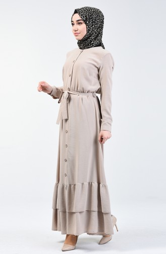 فستان طويل بأزرار قماش آيروبين بيج 0067-06