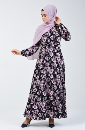Gemustertes Viskose Kleid 4533-02 Dunkelblau Lila 4533-02