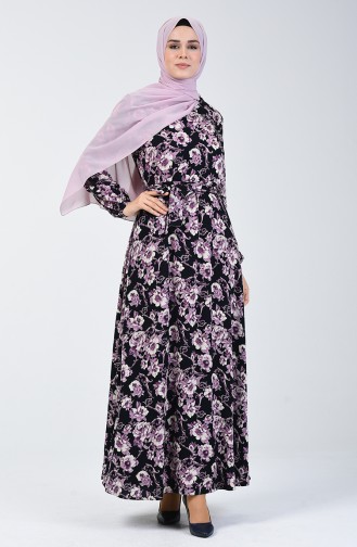 Gemustertes Viskose Kleid 4533-02 Dunkelblau Lila 4533-02