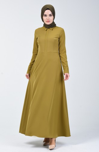 Robe Évasée à Col Pointu 301328-03 Vert Huile 301328-03