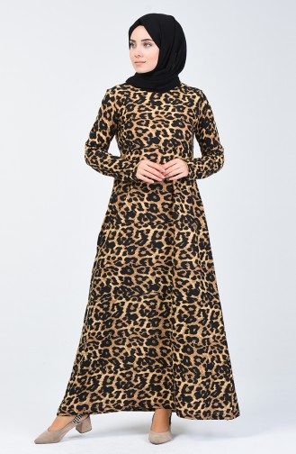 Leopar Desenli Elbise 7993-01 Siyah