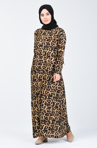 Leopar Desenli Elbise 7993-01 Siyah