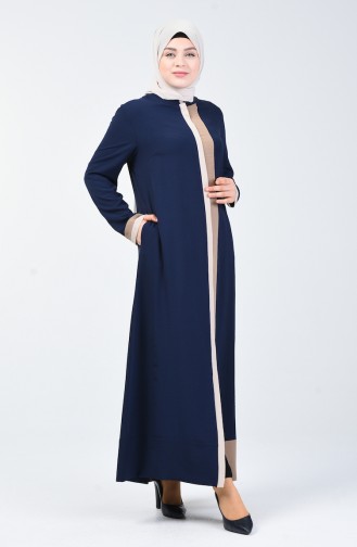 Abaya à Fermeture Grande Taille 0129-04 Bleu Marine Vison 0129-04