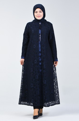 Abaya de Soirée à Dentelle Grande Taille 0390-02 Bleu Marine 0390-02