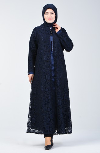 Abaya de Soirée à Dentelle Grande Taille 0390-02 Bleu Marine 0390-02