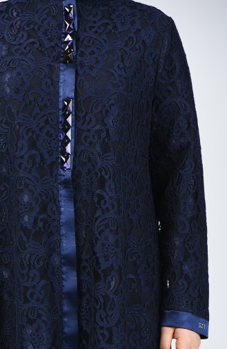 Abaya de Soirée à Dentelle Grande Taille 0390-02 Bleu Marine 0390-02