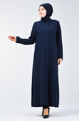 Abaya İmprimée de Pierre Grande Taille 9180-01 Bleu Marine 9180-01