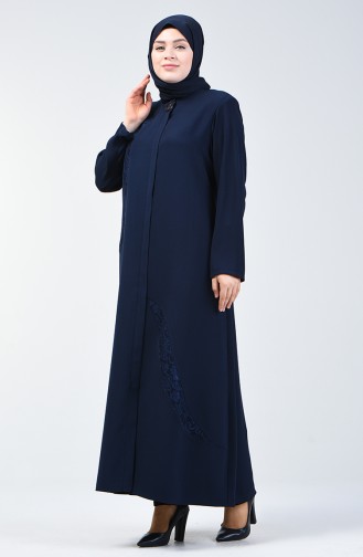 Abaya İmprimée de Pierre Grande Taille 9180-01 Bleu Marine 9180-01