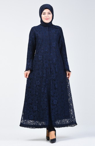 Abaya de Soirée à Dentelle Grande Taille 9555-01 Bleu Marine 9555-01