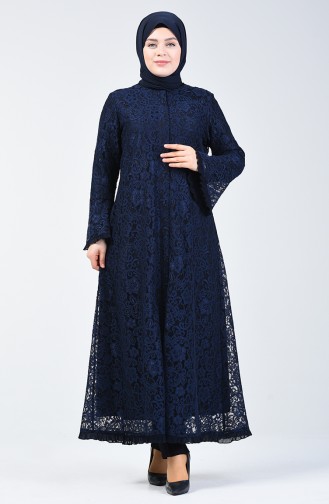 Abaya de Soirée à Dentelle Grande Taille 9555-01 Bleu Marine 9555-01