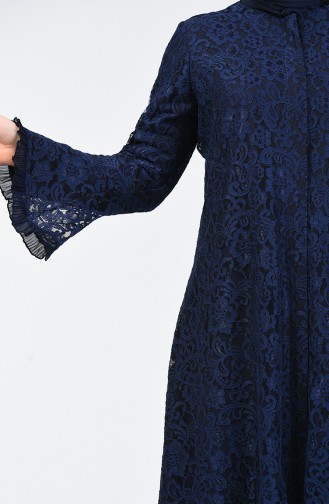 Abaya de Soirée à Dentelle Grande Taille 9555-01 Bleu Marine 9555-01