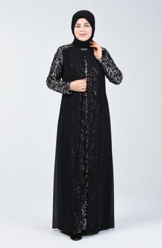 Robe de Soirée Pailletée Grande Taille 1315-01 Noir Argent 1315-01