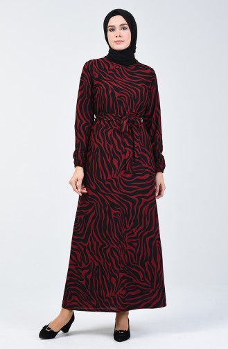 Patterned Belted Dress 8862-03 Claret Red 8862-03