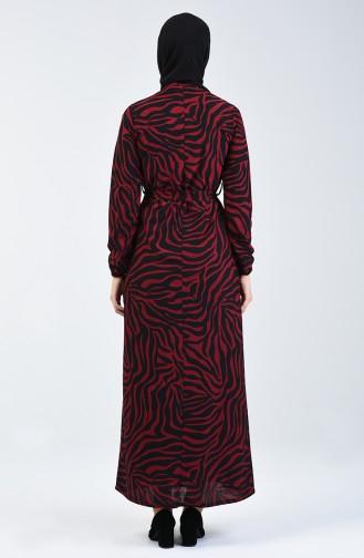 Patterned Belted Dress 8862-03 Claret Red 8862-03